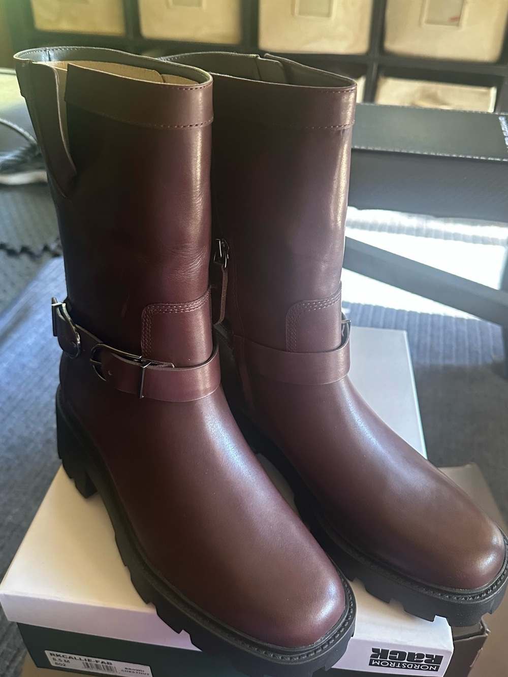 New Women Franco Sarto Elle Lug Boot Leather Mid-Calf Boots in Dark Brown